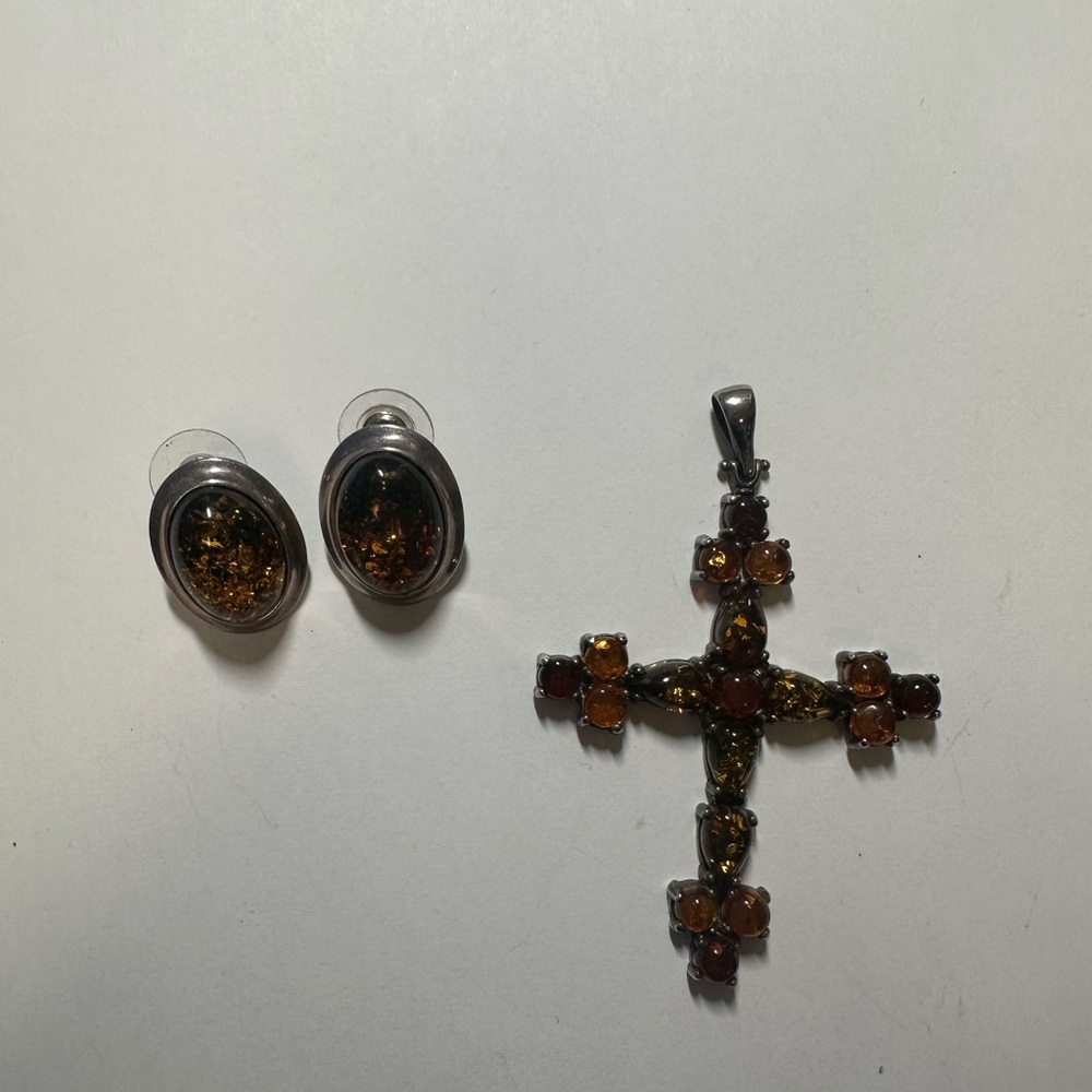 Amber and Sterling Silver Cross Pendant and Earrings Set